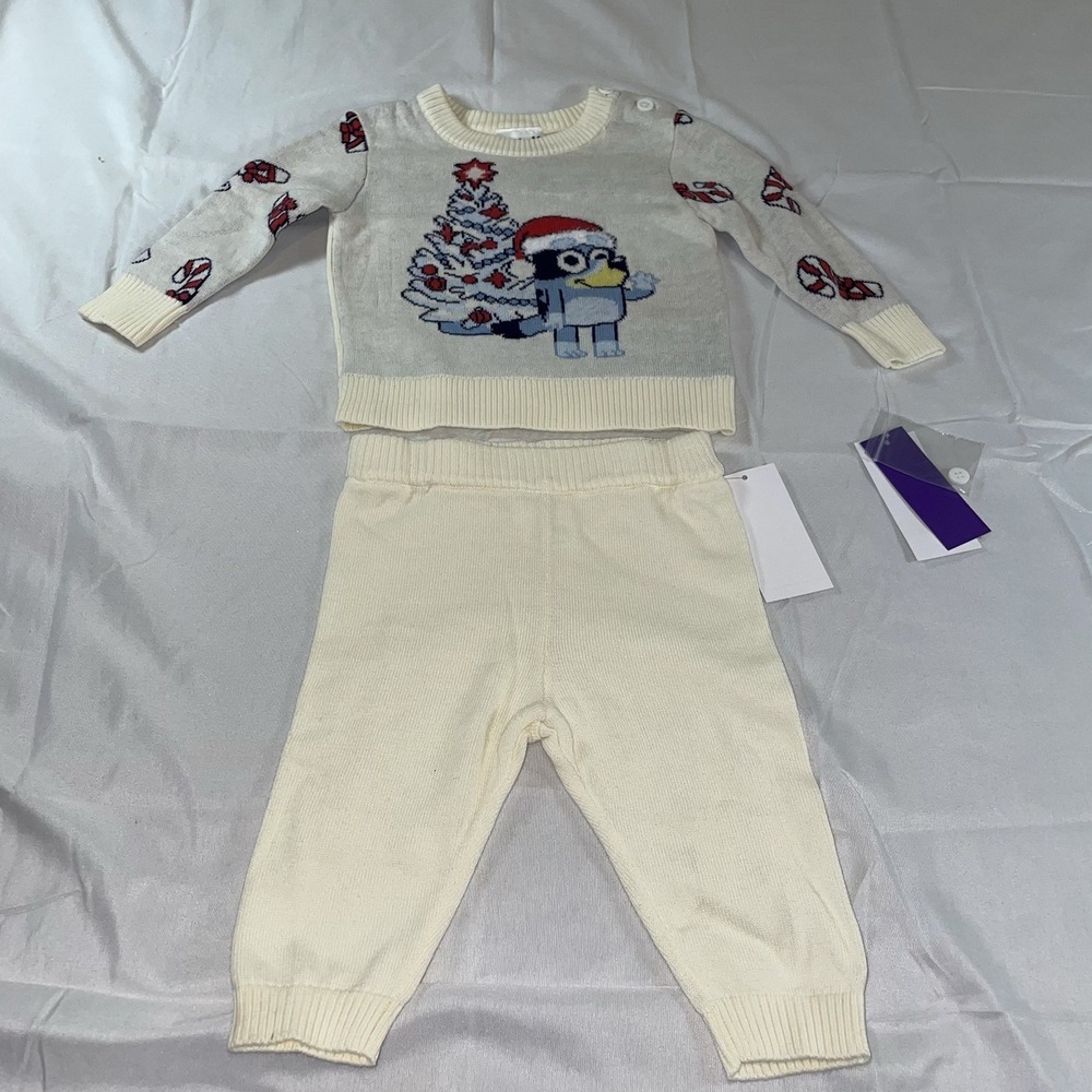 Bluey Christmas Sweater and‎ Pants Set Cream Holiday Intarsia Knit 0-3M NEW